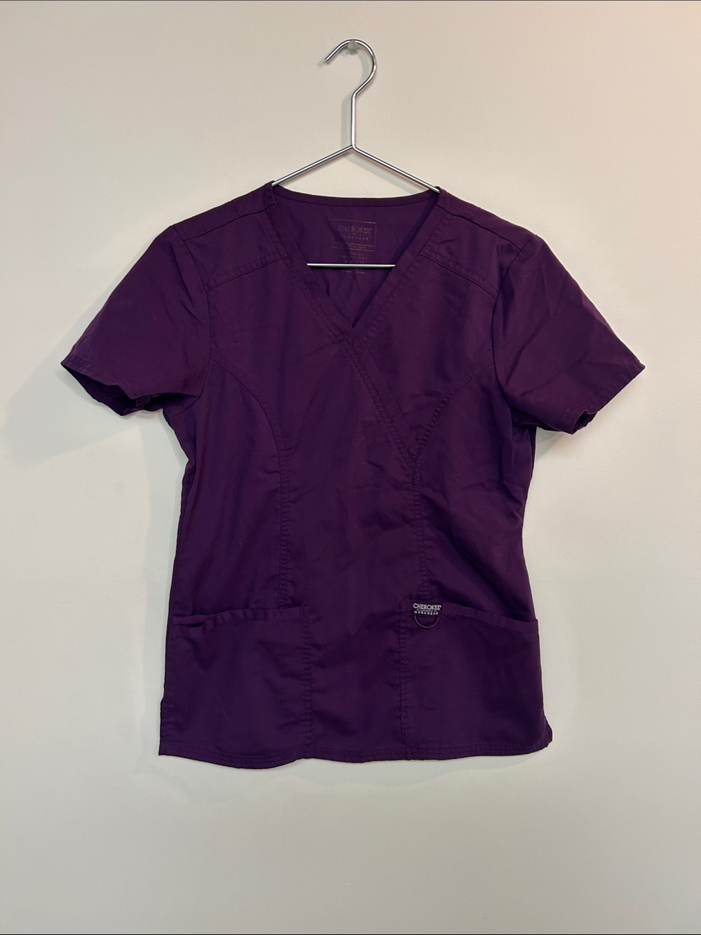 Cherokee Workwear Women's V-Neck Short Sleeve Scrub Top in Purple
